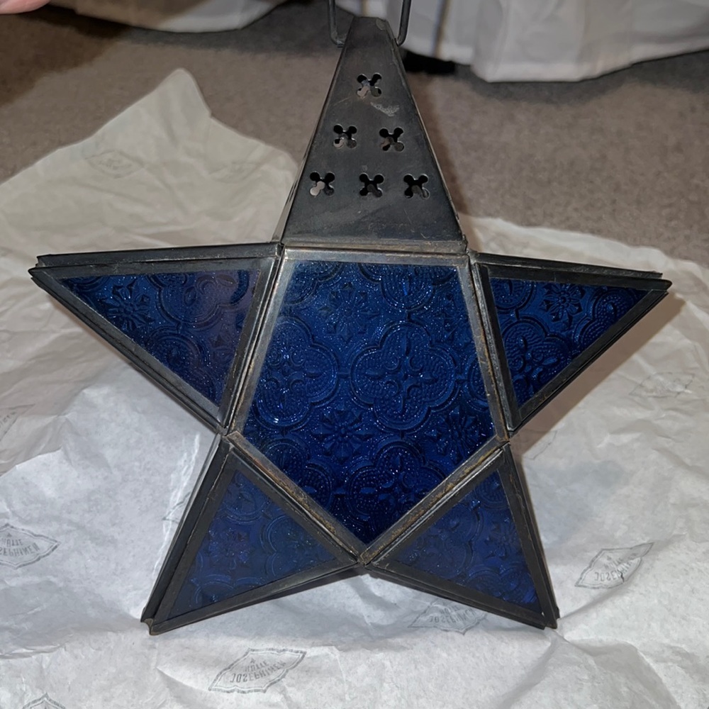 Blue Glass Star Hanging Votive Holder